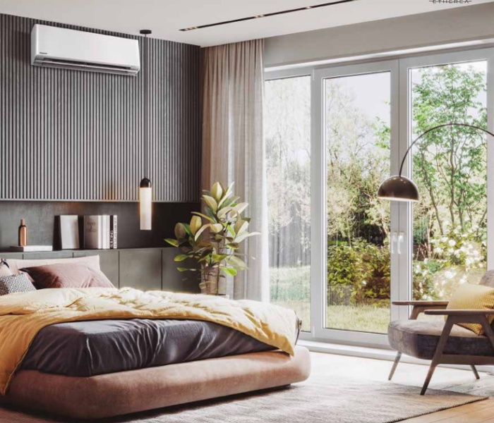 Panasonic Klimaanlagen - Helles Schlafzimmer mit gemütlichem Bett und großer Fensterfront